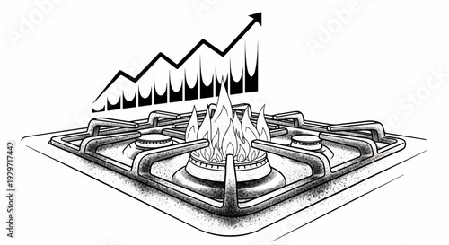 A gas stove with flames and an upward trending graph in the background
