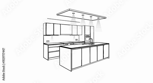 Modern kitchen rendering with island, cabinets, sink, and overhead lighting