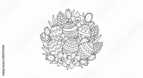 Hand-drawn Easter eggs nestled among tulips, daffodils, and hyacinths
