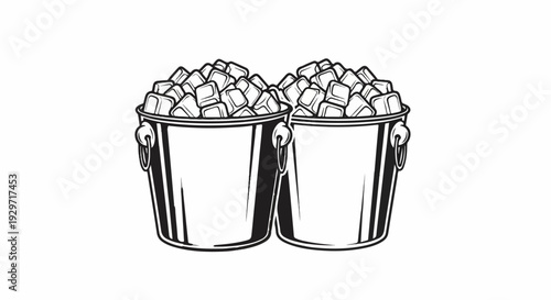 Two buckets overflowing with ice cubes, black and white graphic illustration