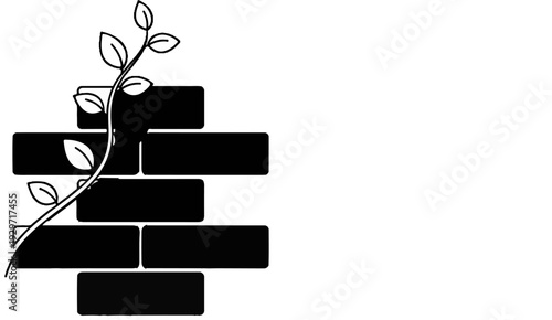 A plant with leaves grows up a brick wall