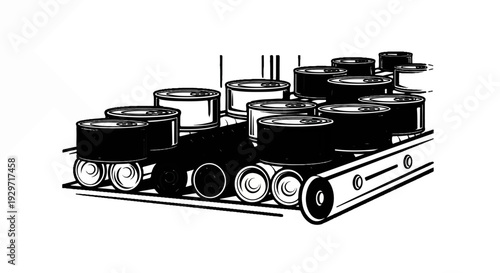 Rows of cylindrical cans move along a conveyor belt with visible rollers