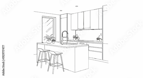 Modern kitchen illustration featuring island, stools, sink, window, and cabinets