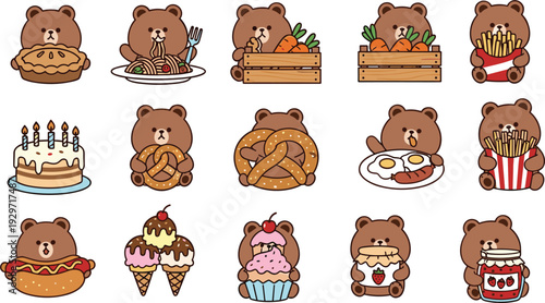 Adorable Brown Bear Character Eating Various Foods Like Pizza, Pasta, Pretzels, Hotdogs, and Birthday Cake for Kitchen Decor, Children's Menus, and Foodie Stickers