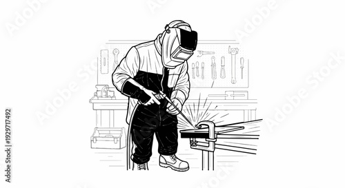 A worker in protective gear meticulously welds metal pieces on a workbench