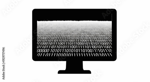 A black monitor displays binary code cascading into a vanishing point on a white background