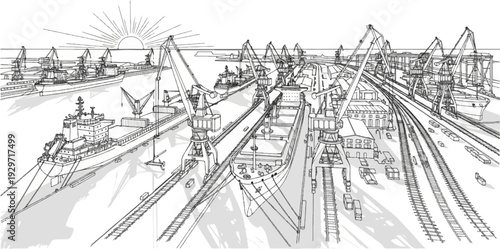 Sunrise over a busy harbor filled with large cargo ships and towering cranes