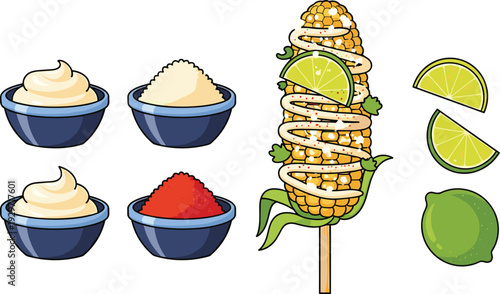 Mexican elotes street food with grilled corn cob lime slices mayonnaise chili powder and cheese ingredients