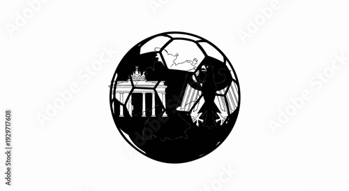 Iconic German landmarks and national emblem within a football