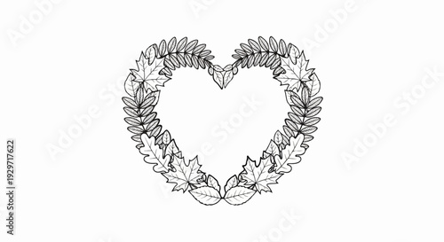 Black and white sketch of a heart-shaped wreath made of assorted autumn leaves