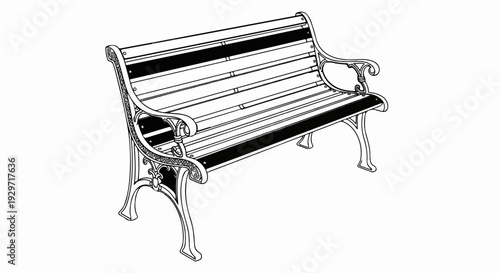 Ornate black-and-white illustration of a classic park bench with curved legs and arms