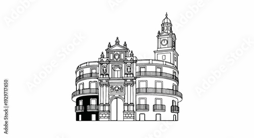 Ornate archway building with a clock tower and balconies, rendered in black and white