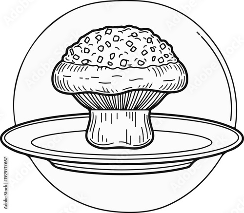Black and white illustration of a cupcake with frosting and sprinkles on a plate