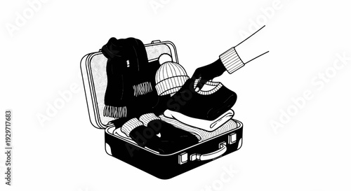 Hand packing warm winter clothes like scarf, hat and sweaters into an open suitcase