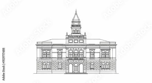 Detailed architectural line drawing of a grand building with a central tower and ornate facade