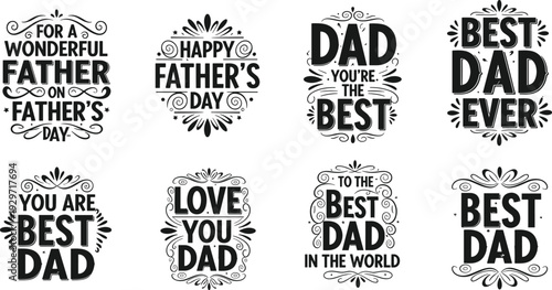 Happy Father's Day lettering and typography quotes set for greeting cards and social media, best dad in the world, cad drawing flat vector illustration