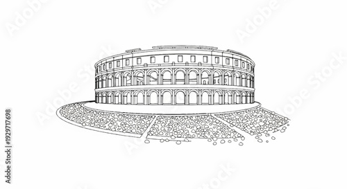 Black and white sketch of the iconic ancient amphitheater, surrounded by cobblestone