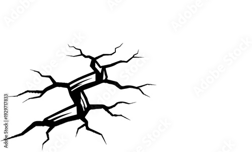 A stark black graphic depicts a jagged crack spreading across a white background