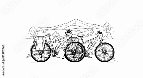 Two bicycles rest on a path before rolling hills and a distant mountain