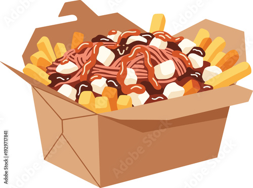 Poutine in takeout box vector art illustration, french fries cheese gravy.