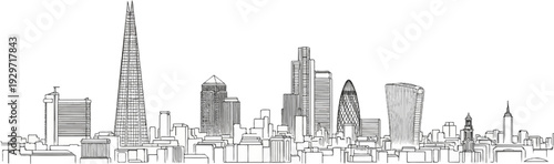 Line art cityscape showcases iconic buildings against a white backdrop