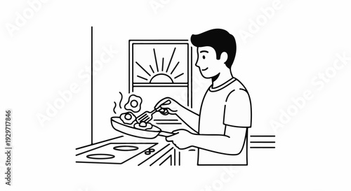 A person prepares a fried egg breakfast in a kitchen with a sunlit window