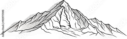 A dramatic ink drawing depicts a jagged mountain range with steep peaks and valleys