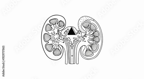 Anatomical illustration of a kidney cross-section showing internal structures and fluid pathways