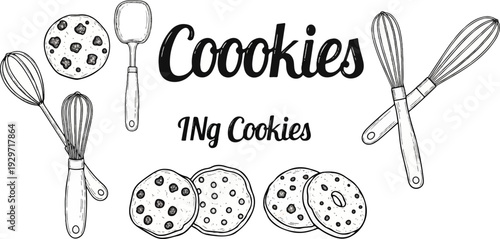 Hand-drawn sketch of various cookies and baking utensils, with text