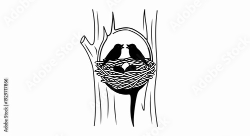 Two birds converse in a nest with three eggs nestled in a tree