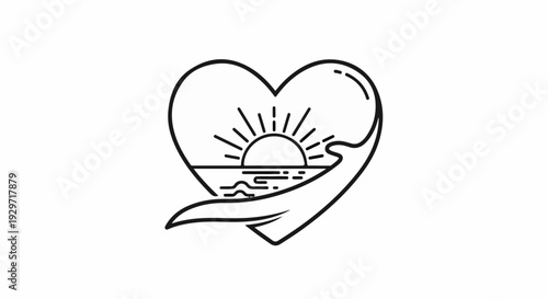 Outline of a heart embracing a sunrise over a wavy ocean