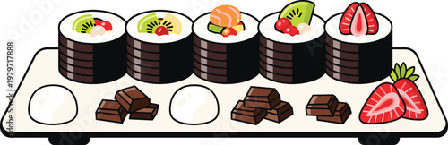 Sushi platter with maki rolls fruit chocolate strawberries.