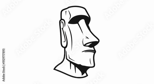 Stylized black and white illustration of a monumental stone head facing right