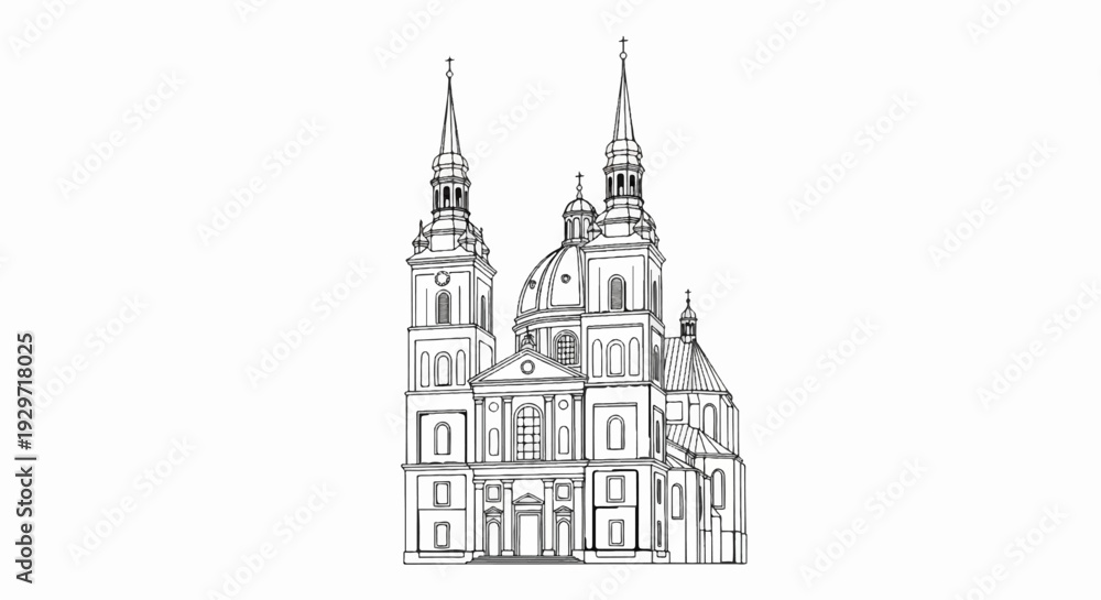 Fototapeta premium Detailed outline drawing of an ornate European church with multiple spires and domes