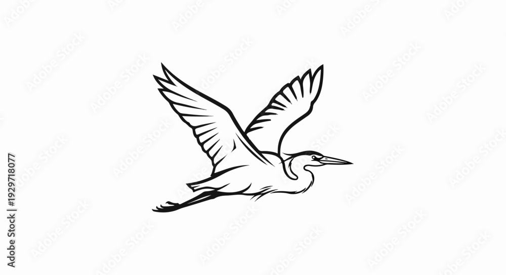 Fototapeta premium Stylized line art of a heron in flight against a white background