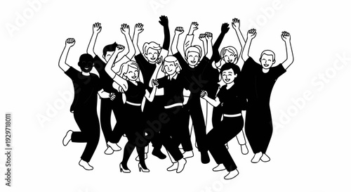 A joyful crowd of people, diverse and united, celebrating together with raised fists