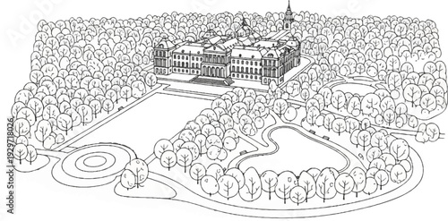 Overhead view of a grand estate with a central palace surrounded by dense trees and manicured gardens