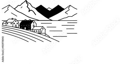 Stylized drawing of houses by a lake with mountains in background