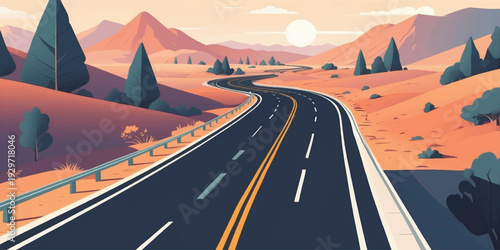 Curved Asphalt Highway Road Passing Through Scenic Desert Landscape with Rocky Mountains and Warm Sunset Sky – Flat Vector Illustration.