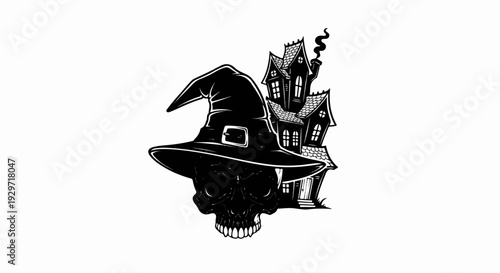 Eerie skull wearing a witch hat sits before a spooky, multi-story haunted house