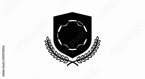A black shield with a stylized soccer ball and laurel branches below