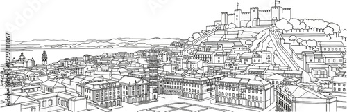 A detailed line drawing depicts a historic European city with a castle on a hill overlooking the water
