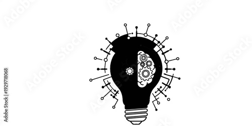 Stylized lightbulb with gears and brain, surrounded by interconnected nodes