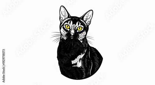 Detailed black cat portrait with striking yellow eyes, rendered in a sketchy, inked style