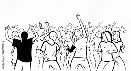 Line art depicts a diverse crowd enthusiastically dancing and raising their arms