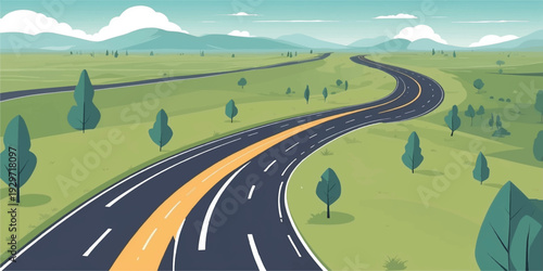Curved Asphalt Highway Road Passing Through Green Countryside Landscape with Hills, Trees and Blue Sky – Flat Vector Illustration.