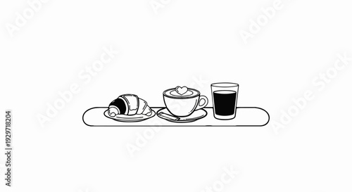 A croissant, a coffee with a heart, and a glass of dark liquid on a tray