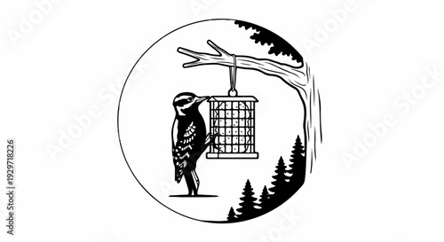 Black and white illustration of a woodpecker at a suet feeder hanging from a tree