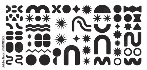 abstract retro shapes collection, basic brutal forms and geometric figures, y2k aesthetics vintage stickers, modern logos and labels, futuristic nostalgic decorative vector graphic elements bundle.