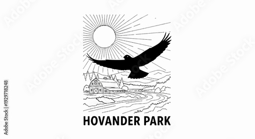 A bird glides over a barn and river under a sunburst in a rural landscape